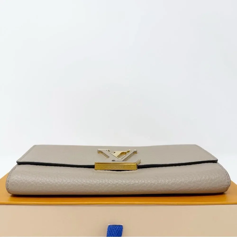 Louis Vuitton Capucines Taurillon Leather Wallet Beige Gold LV Womens